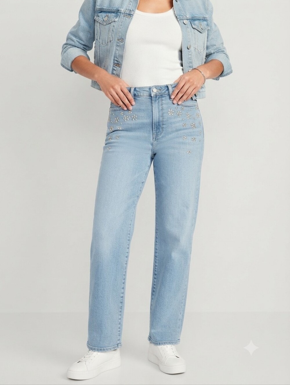 Old Navy OG Loose Straight Jeans Light Wash Embellished Size 4 NWT